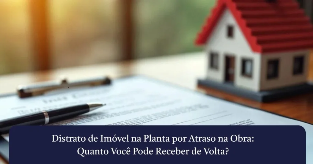 Distrato de imóvel na planta por atraso na obra com contrato e maquete de casa ao fundo
