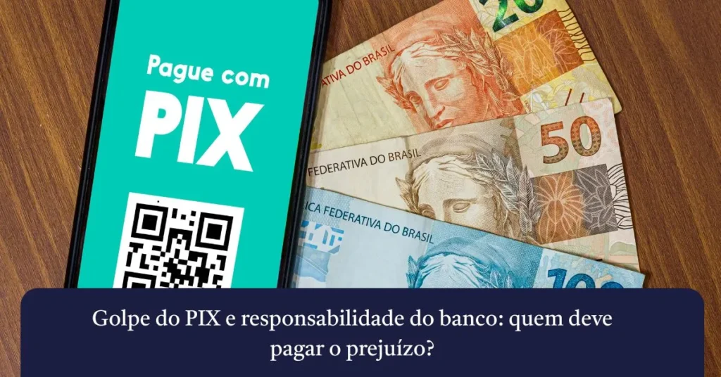 Golpe do PIX e responsabilidade do banco: quem deve pagar o prejuízo? 2 Golpe do PIX e responsabilidade do banco com celular exibindo QR Code e dinheiro brasileiro