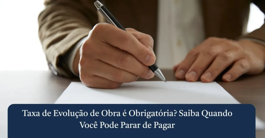 Homem assinando contrato com caneta em cima da mesa, ilustrando o artigo sobre se a taxa de evolução de obra é obrigatória.