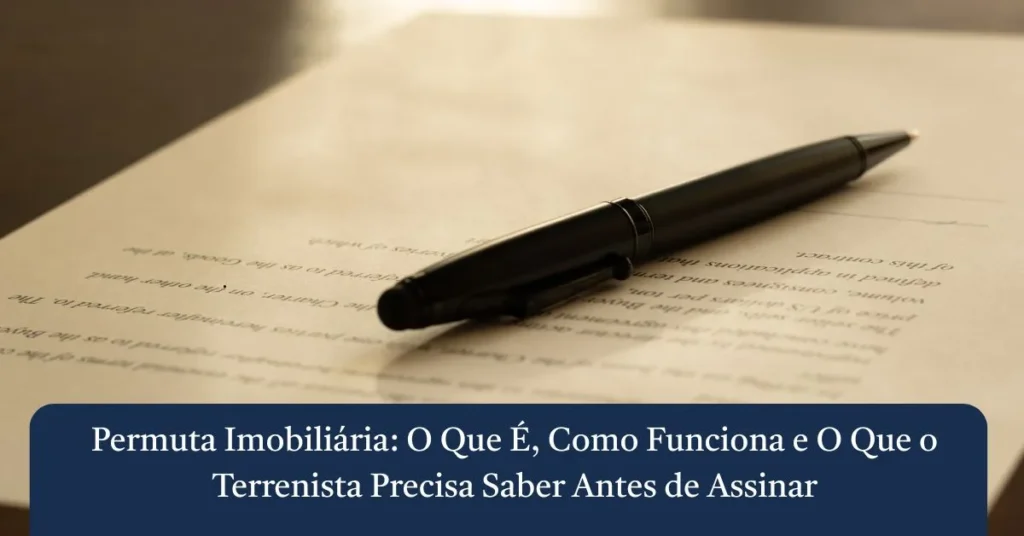 Caneta preta de metal deitada sobre folhas impressas de um contrato de permuta imobiliária pronto para assinatura de construtora e terrenista.