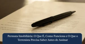 Caneta preta de metal deitada sobre folhas impressas de um contrato de permuta imobiliária pronto para assinatura de construtora e terrenista.